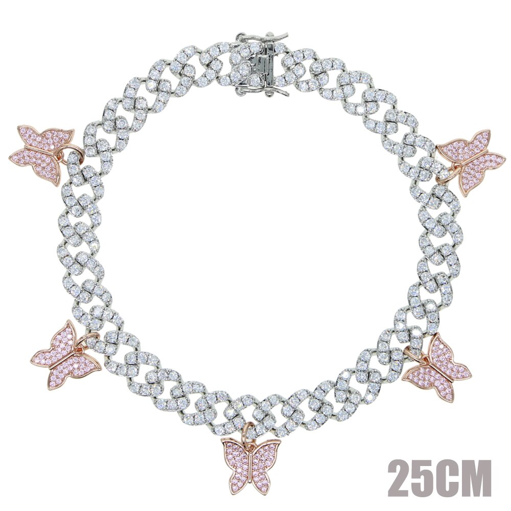 Parking Cz Baguette Vlinder Enkelbandje Sieraden 9Mm Iced Out Bling Cz Miami Cubaanse Link Zilveren Kleur Enkelband Vrouwen hiphop Sieraden: Silver Pink 25cm