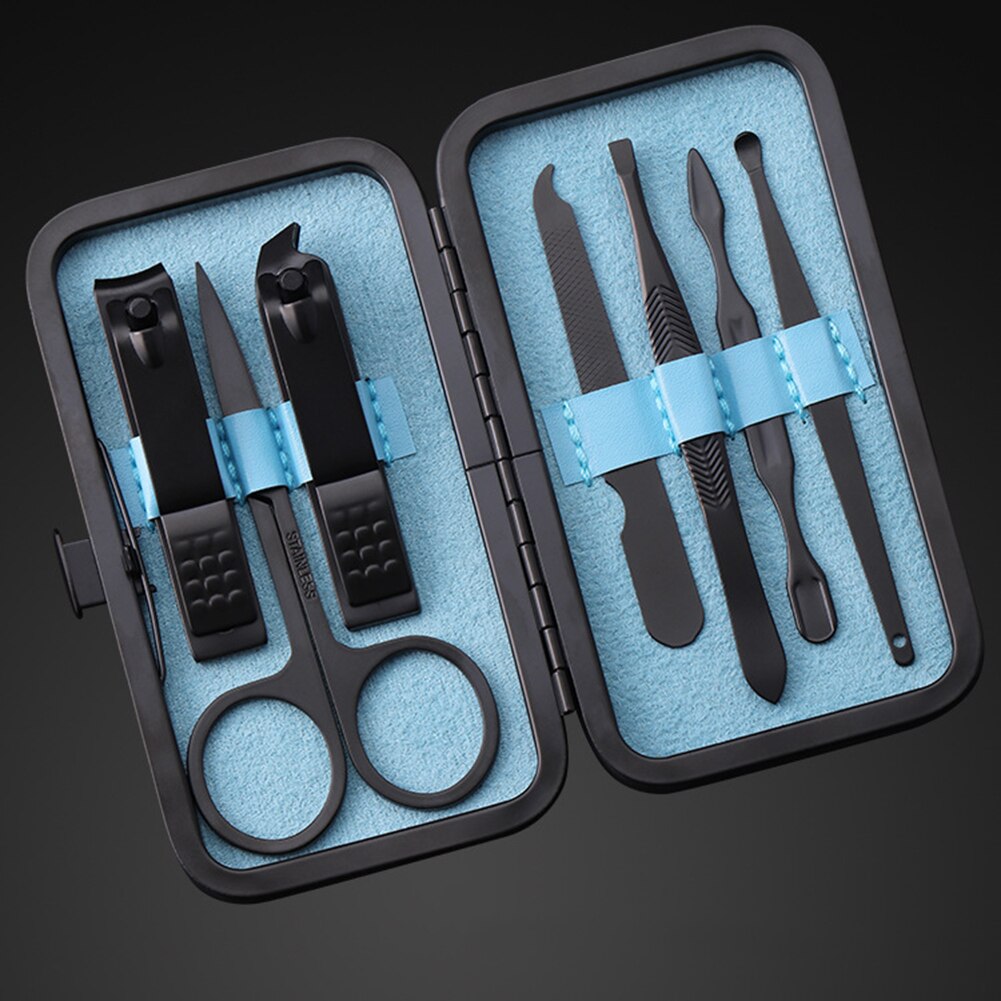 7 unids/set Set de cortaúñas portátil viaje acero inoxidable negro pedicura tijera pinzas manicura kit de herramientas de uñas: blue