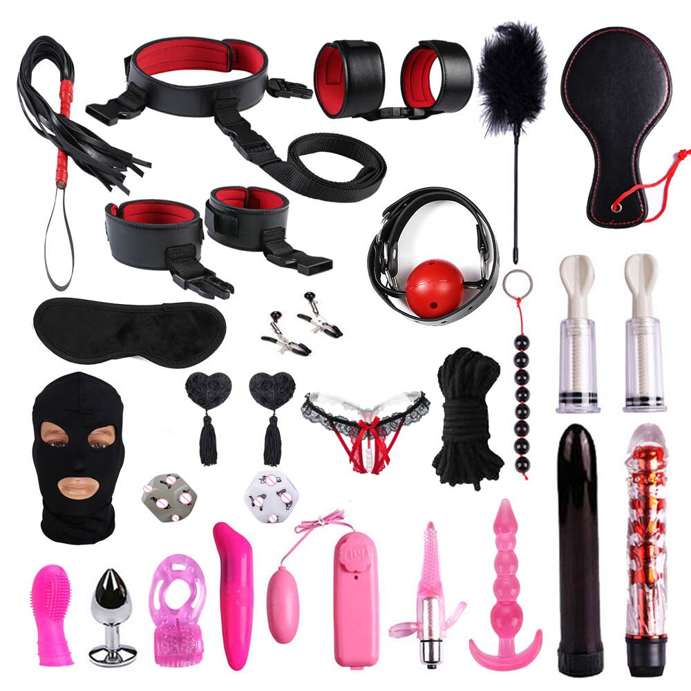 28 stks/set Vrouwen Mannen Speeltjes voor BDSM Spel Handboeien zweep touw Anale plug Mond plug Vibrator Erotische Accessoires Bondage set: red 28pcs