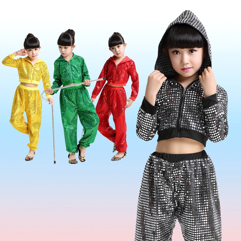Kid girl boy hip hop dance costume glitter long sleeve stage jazz costume hiphop Suit children ballroom Top Hooded and Pants
