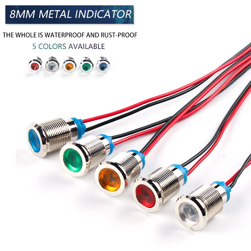 8mm LED Wasserdichte Metall Anzeige Licht Signal Lampe Mit Draht 3V 6V 12V 24V 110V 220V Rot/Gelb/Blau/Grün/Weiß