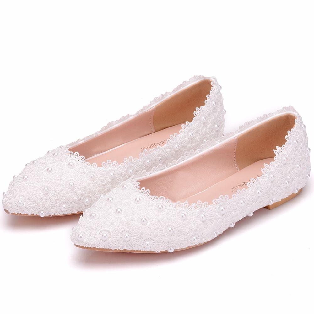 Crystal Queen Ballet Flats Witte Parel Kant Trouwschoenen Hak Schoenen Wees Teen Flats Vrouwen Bruiloft Prinses Flats big size 43: 42