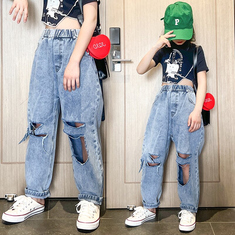 Dziewczyny porwane jeansy 8 0 12 yearsBlue spodnie dżinsowe 2022 nowa, w stylu Streetwear moda dla dziewcząt nastolatek stroje jeansowe