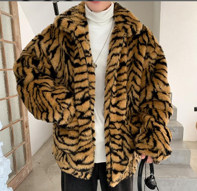 Abrigo con patrón de tigre de imitación para hombre, ropa de calle gruesa de manga larga, chaqueta con estampado de leopardo, talla grande, J327: yellow / XL