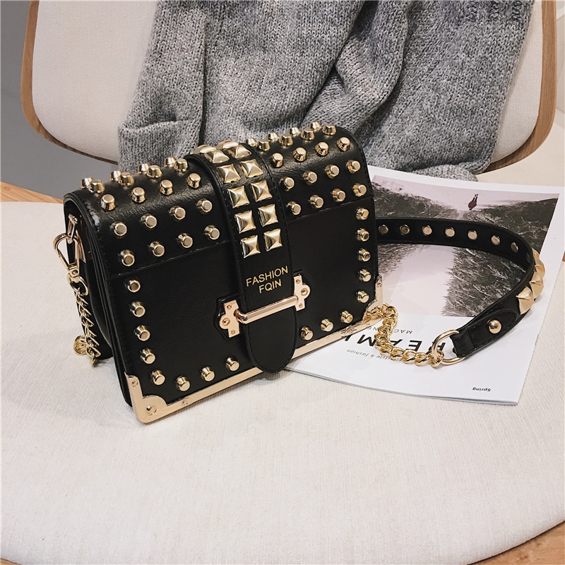 Luxury Rivet Bags for Women Vintage Leather Shoulder Bag Small Crossbody Bag Ladies Brand Chain Messenger Bag