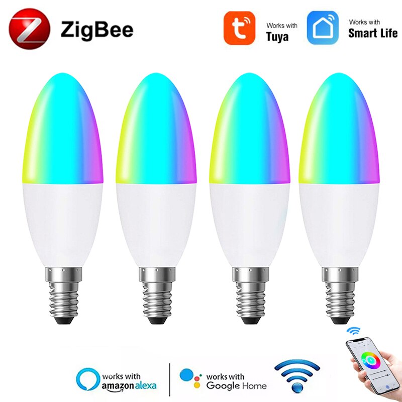 1-10PCS Zigbee E14 5W Smart LED Candle Light Bulb RGBCW Dimmable Magic Bulb Voice Timer Work With Alexa Google Home SmartThings