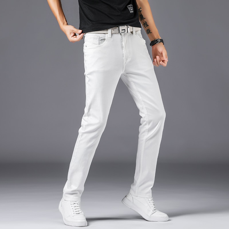 Men White Cotton Slim Straight Men Casual Stretch Skinny Jeans Straight fit Trousers White Pants Solid Colors Jeans