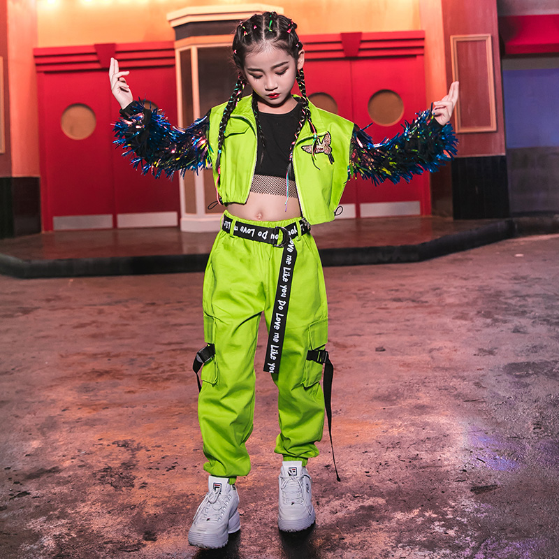 Hip hop dans kostumer fluorescerende grøn kvast frakke piger jazz tøj børn street dans scene performance slid  dn4099