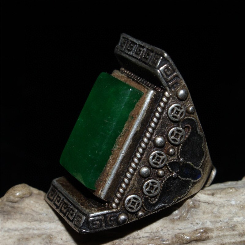 Chinese Oude Ambachtelijke Gemaakt Ingelegd Jade Tibetaans Zilveren Ring