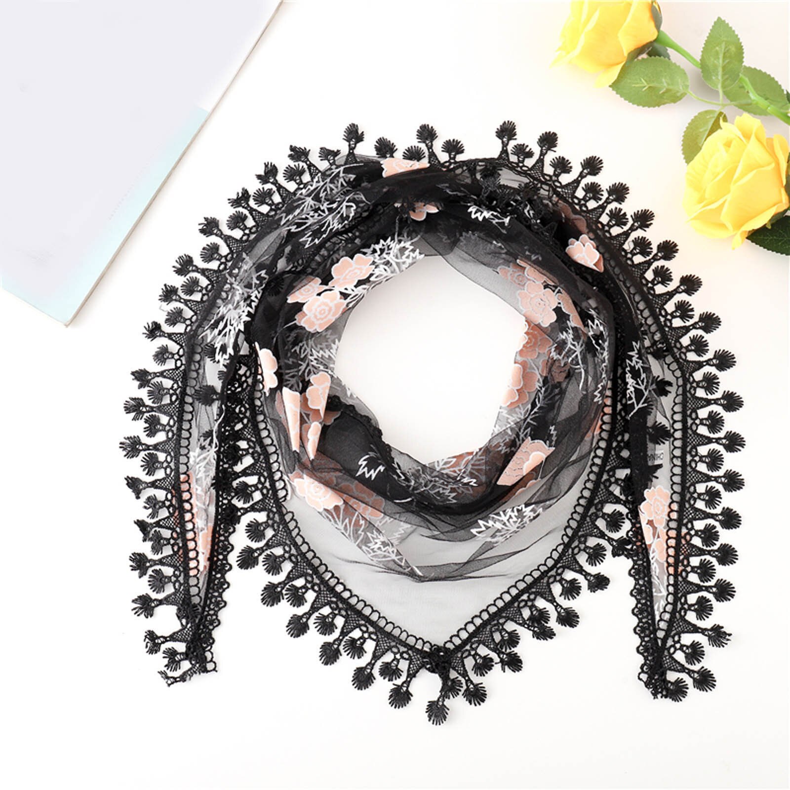 Bufanda multifuncional con borlas de encaje para mujer, chal de flores, pashmina suave, estola de playa de Echarpe,: BK