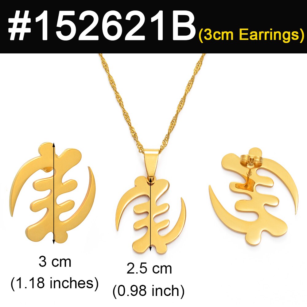 Anniyo afrikanske symbol halskæder øreringe sæt guldfarve rustfrit stål adinkra gye nyame etniske smykkesæt  #152621: 3cm øreringe / 60cm tynd kæde