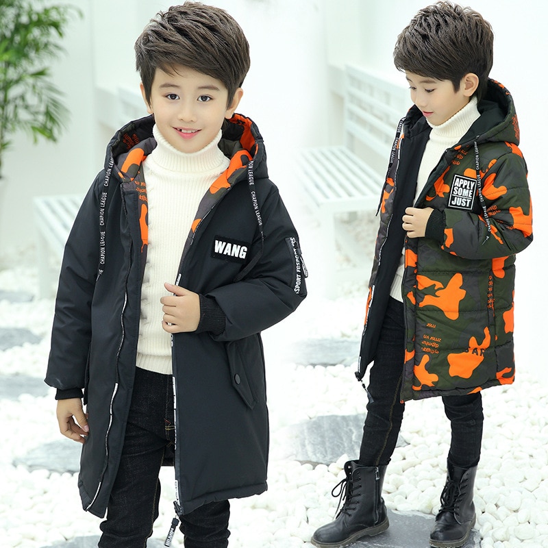 Winter Jongens Parka Dikke Camouflage Dragen Op Beide zijden Warm Jassen Hooded Lange Katoenen-jassen Voor 5- 14T Kinderen