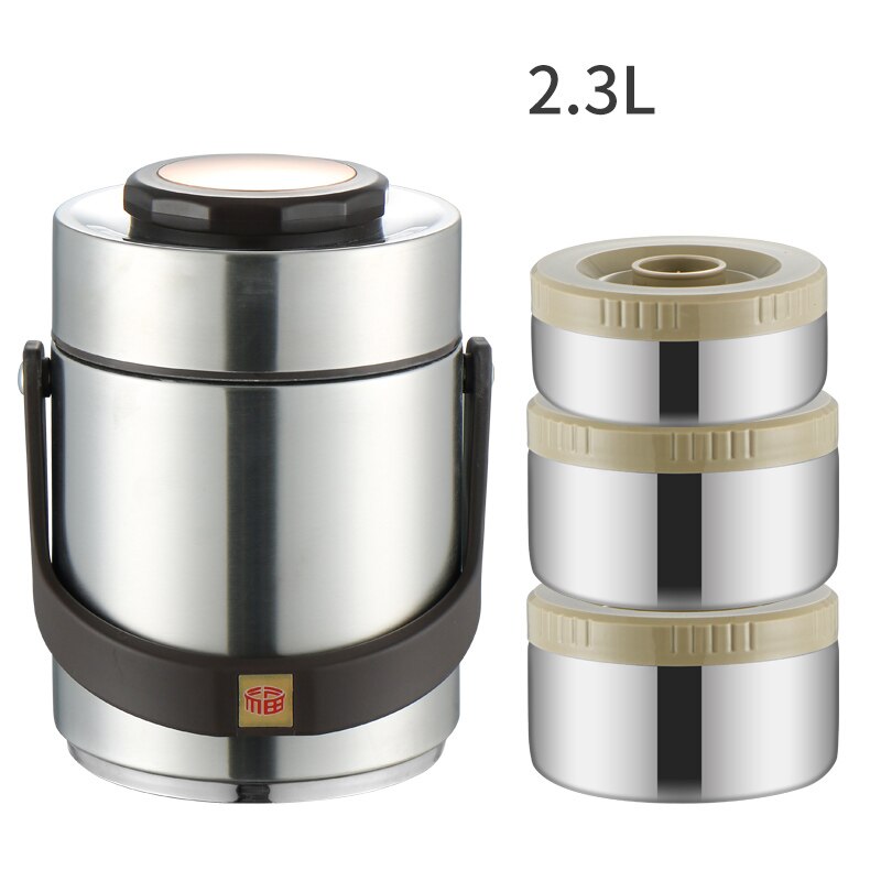 Portable Large Capacity 304 Stainless Steel Vacuum Insulation Bento Lunch Box Leak-Proof Food Storage Container Outdoor Thermos: Silver-2.3L