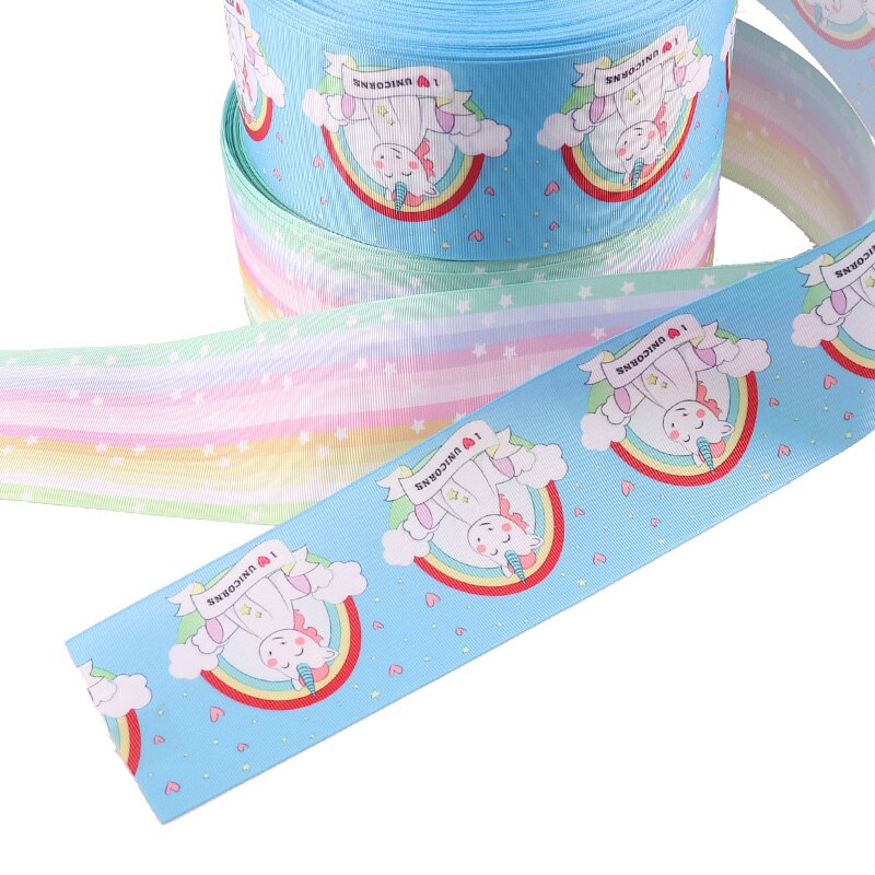 AHB 2Y/lot Grosgrain Lint 75 MM Regenboog Eenhoorn Gedrukt Lint Voor Bows DIY Haar Accessoires Cadeaupapier Party decor Materiaal