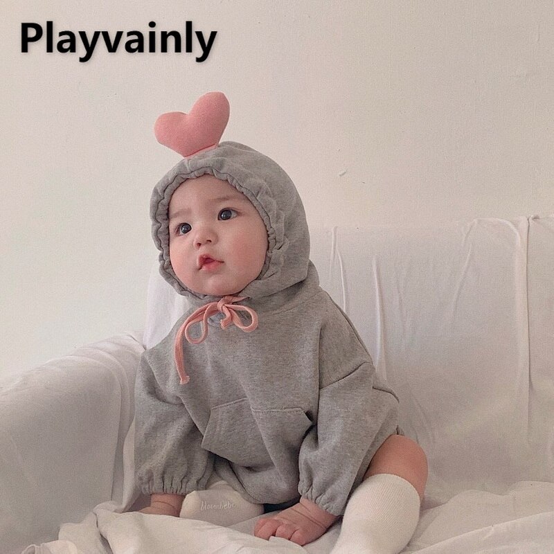 2022 Baby-bodys für mädchen und jungen, 3d baumwoll-Overall mit kapuze und herzchenmuster, langärmelig, für neugeborene, freizeitkleidung  e2800