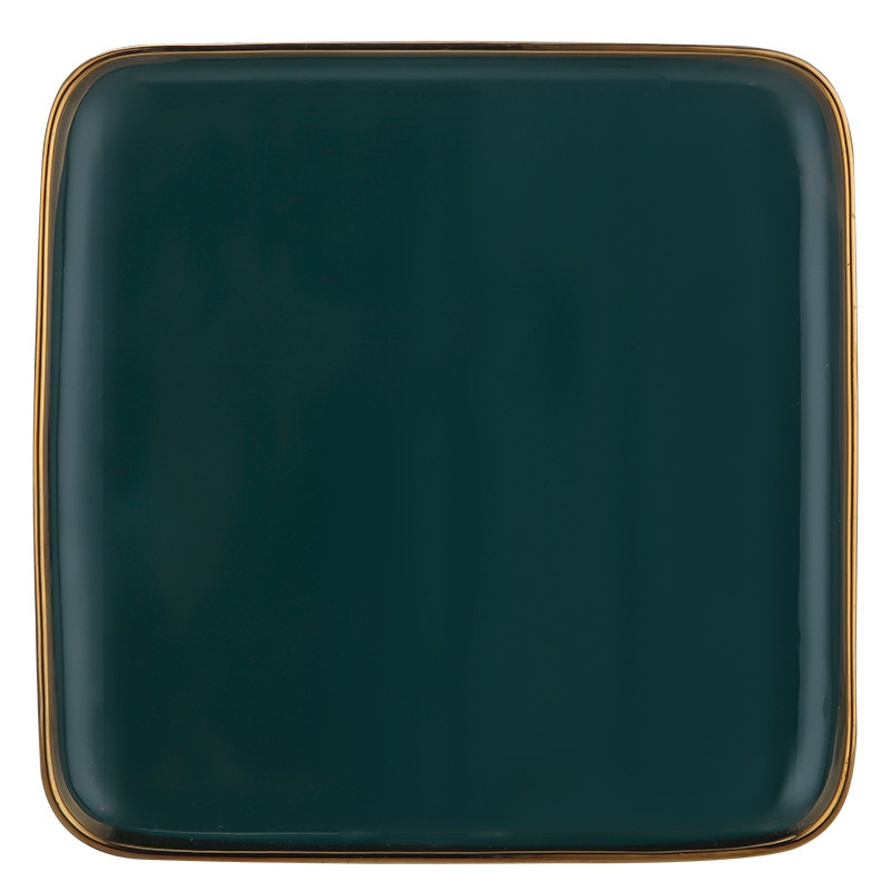 Square Tableware Green Ceramic Dinner Plate Gold Porcelain Dessert Steak Snack Cake Plate Salad Soup Rice Bowl