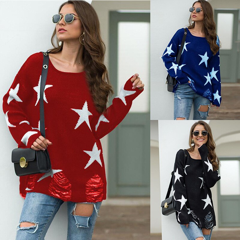 Striktrøjer til kvinder lange ærmer vintertrøjer med o-hals afslappet løse sweatre med udskæring pullover sweater