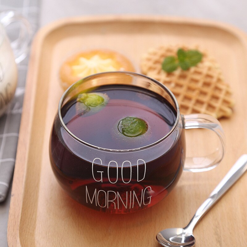 Good Morning Transparent Glass Coffee Tea Drinks Dessert Breakfast Milk Cup Kitchenware Glass Mugs With Handle