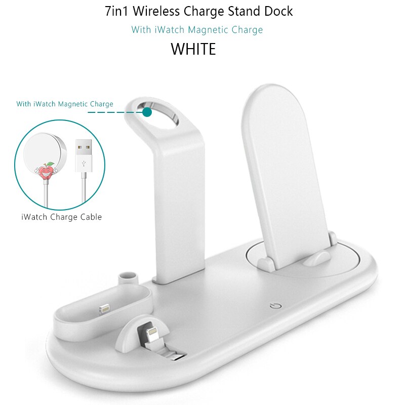 7 in 1 QI kabellos Ladegerät aufladen Dock Bahnhof Pro Apfel Airpods Android Uhr aufladen Pro IPhone 11 Profi Xiaomi Telefon Halter: weiß  und Watch