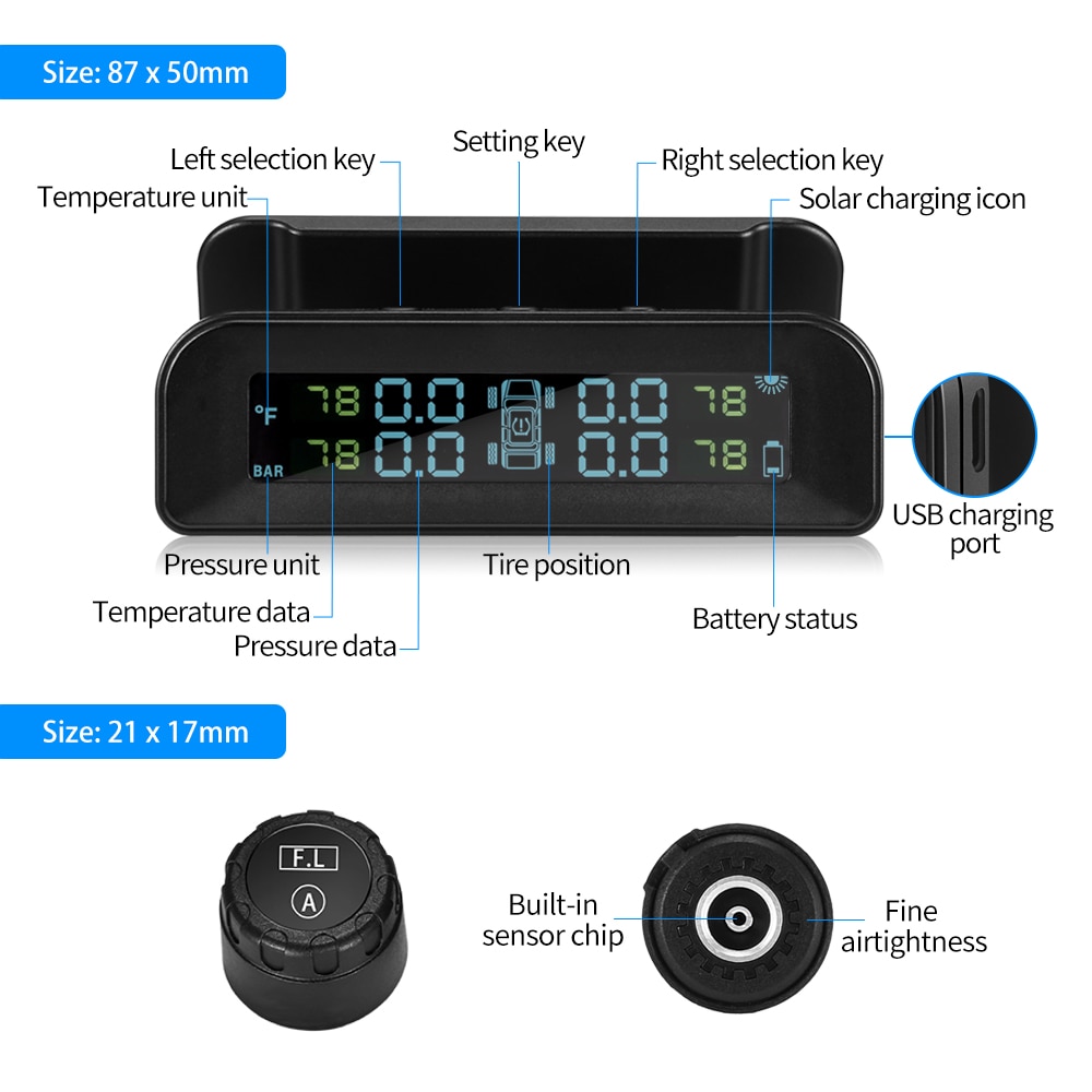 Visture Solar TPMS Monitor de alarma de presión de neumáticos, sistema de presión de neumáticos, Monitor de presión de neumáticos, Sensor interno externo Q01W Q01N S05N
