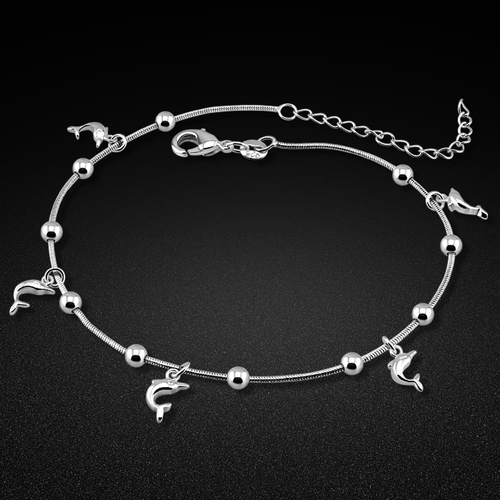 Tobillera de Plata de Ley 925 para mujer, colgante de delfín, tobillera de plata sólida, pulsera de plata, Joalharia