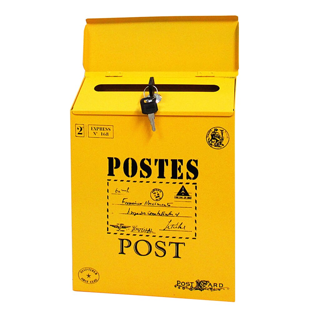 Holdbare ornamenter vægbeslag med lås boligindretning postkasse gård farverig maling brevkasse avis vintage postjern: Gul