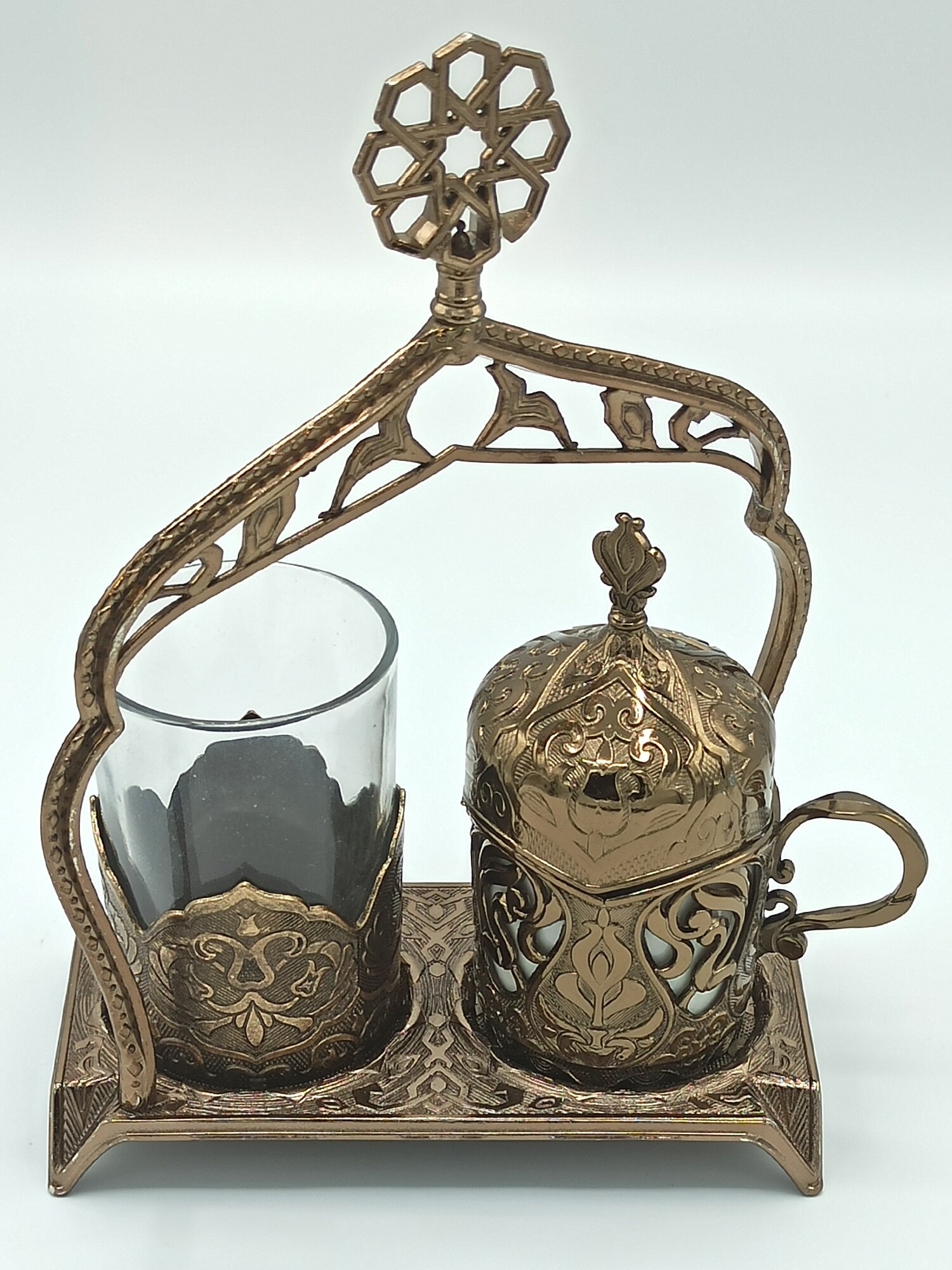 Autentiske kaffekopper kaffesæt kit vandglas sukker skål bakke vælg, osmannisk kalkun anatolia: Bronze med glas
