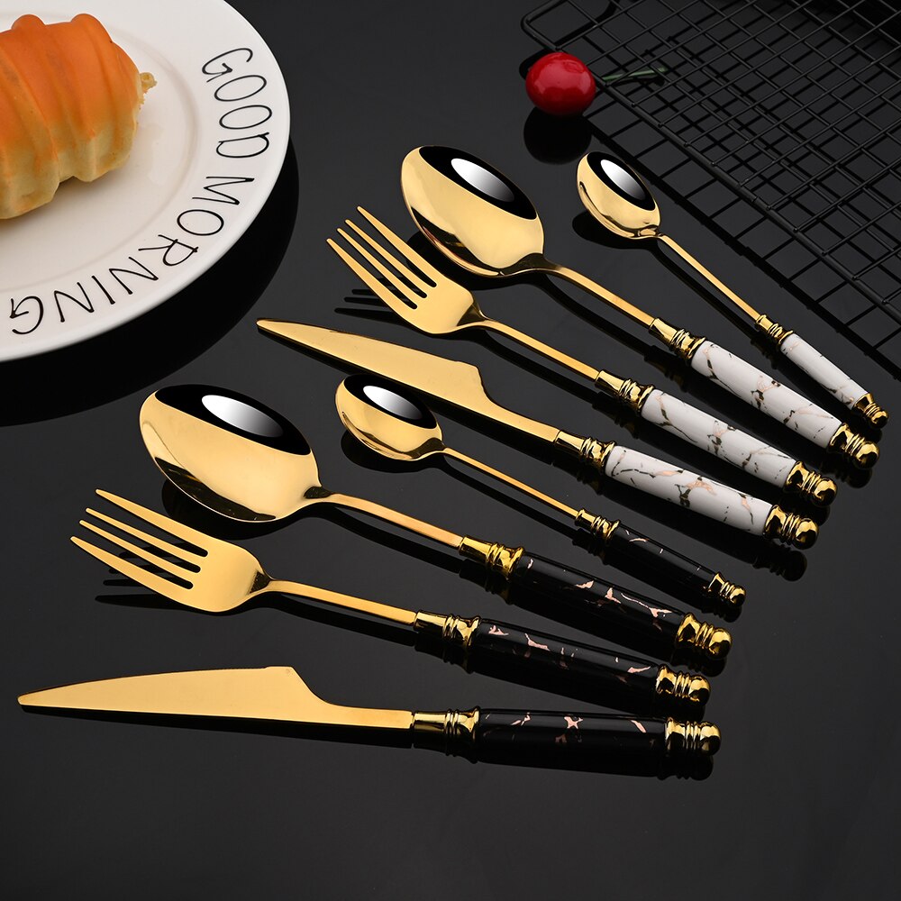4/20PCS Gold Stainless Steel Flatware Cutlery Set Dinnerware Set Emerald Marble Ceramic Handle Knife Fork Tea Spoon Dinner Set