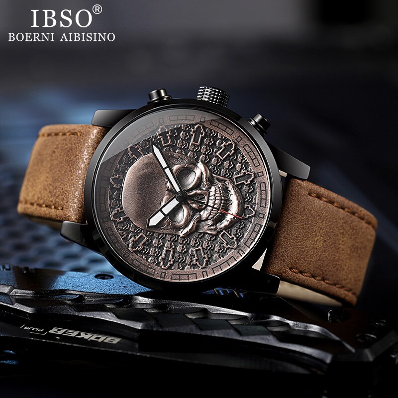 Ibso herenhorloges met schedel, quartzhorloges in punkstijl voor heren, hiphop sporthorloge, waterdicht, urenteller