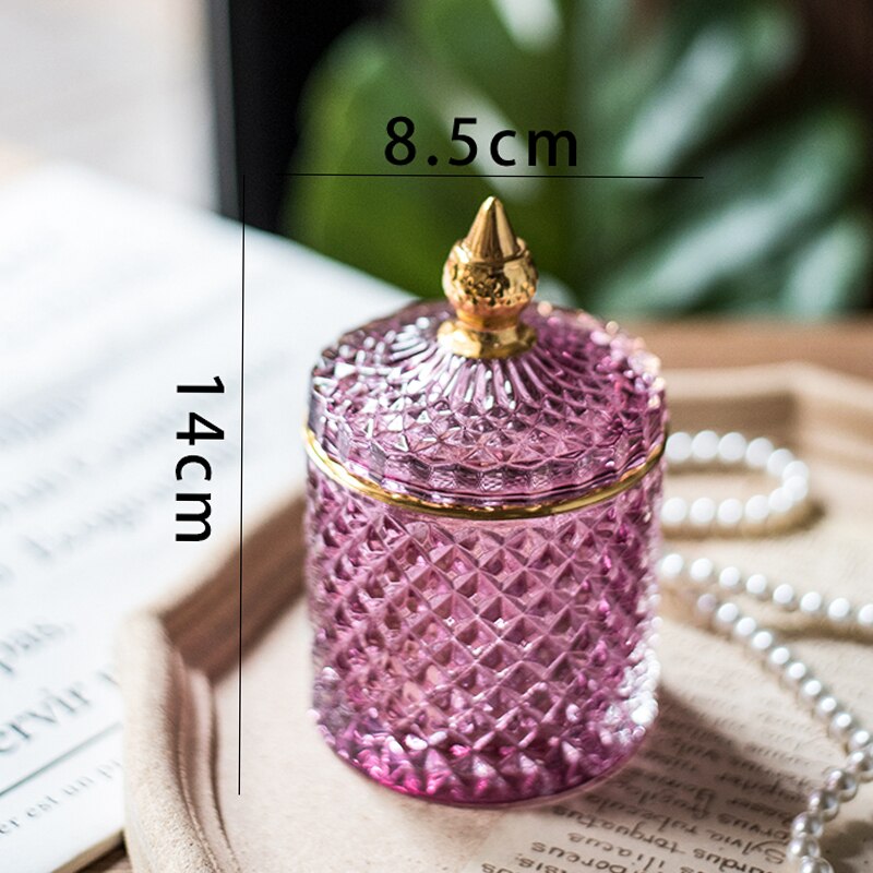 Romersk nordisk krystal glasburk kosmetisk puff opbevaringsboks vatpind skønhed æg smykker make-up arrangør slik kan lysestage: Lys lilla