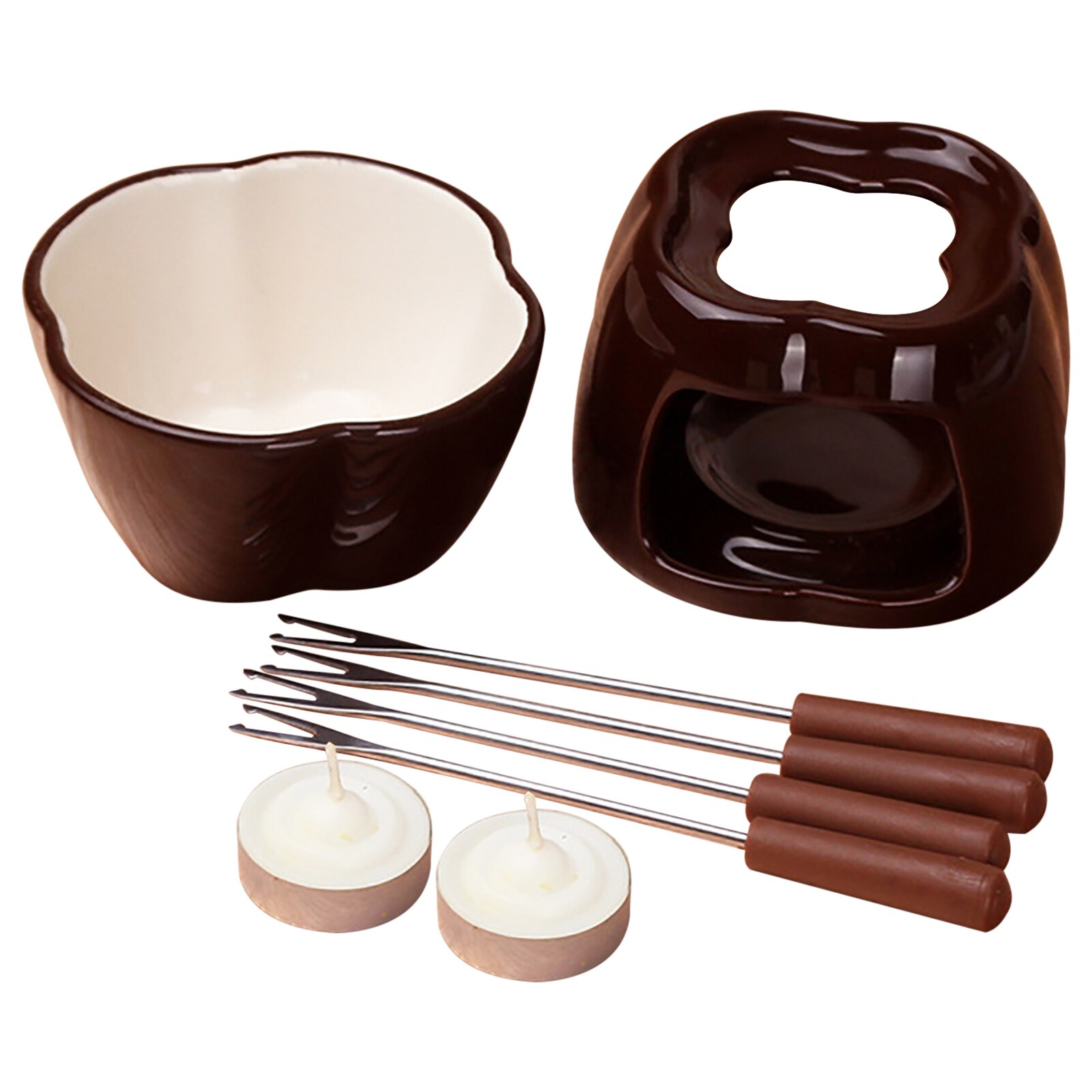 Keramische Chocolade Fondue Pot Met 4 Rvs Vorken Porselein Diy Fondue Serving Voor Kaas, Chocolade, Icecream