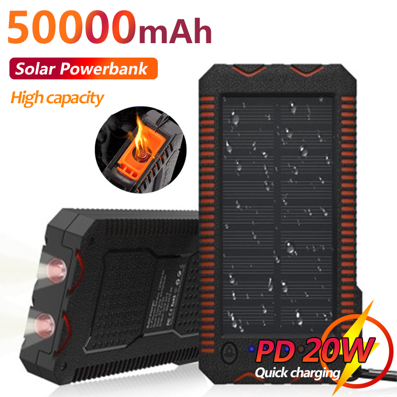 50000Mah Solar Mobiele Power Bank Met Ontsteker Sos Led Waterdichte Power Pack Outdoor Emergency Backup Externe Batterij