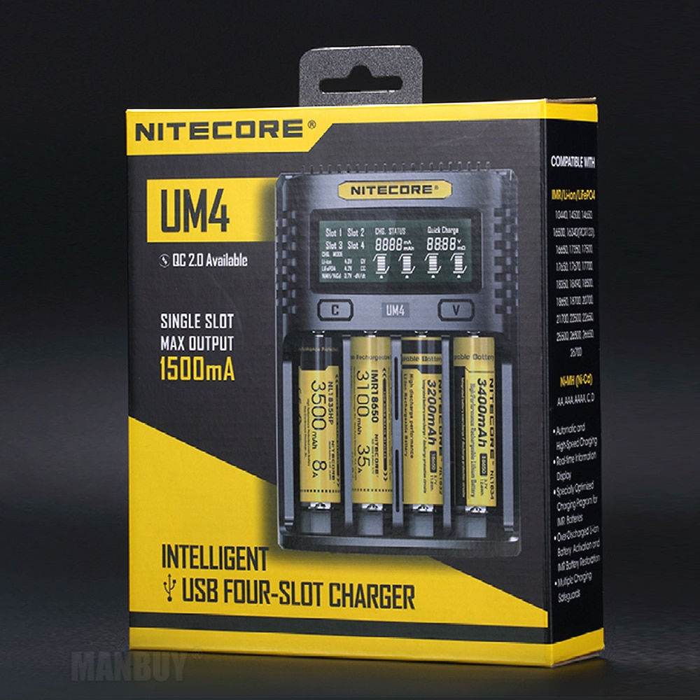 Nitecore UM4 Intelligente Usb Lcd Battery Charger Li-Ion Imr LiFePO4 18650 14500 26650 Automatische Universele Laders