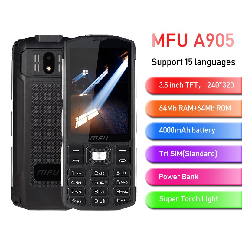 MFU A905 3.5inch 4000mAh Power Bank Tri SIM Wireless FM Big Volume Super Torch Light Feature Phone