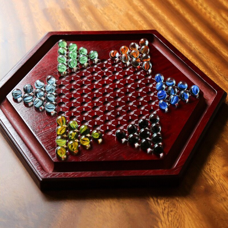 Høj kvalitet flerfarvet glas kinesiske brikker skak sæt fint træ sekskantet skakbræt klassisk spil