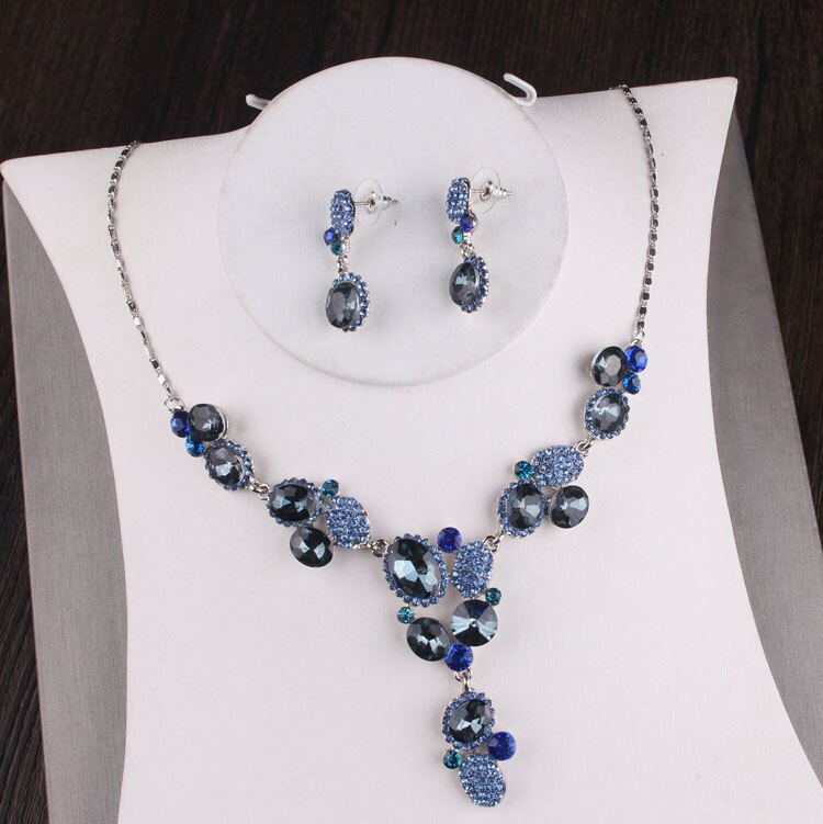 Conjunto de joyería nupcial de cristal para boda, collar, pendientes, Tiara, corona, cuentas africanas, color azul plateado, barroco, lujoso: 2Pcs Jewelry Set