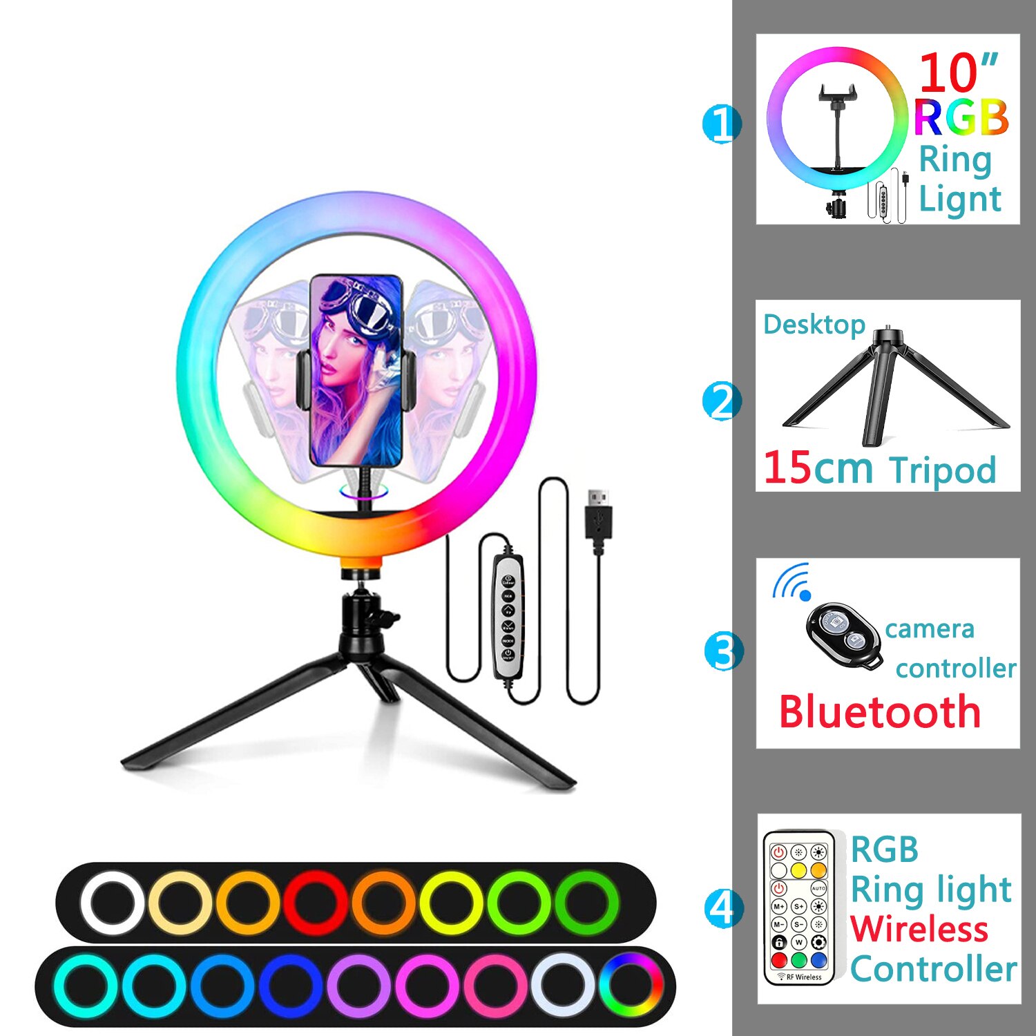 10in Led Kleur Selfie Ring Licht Rgb Fotografie Ringlicht Cirkel Vullen Licht Statief Lamp Telefoon Standhouder Trepied Make-Up: 15cm Desktop Tripod