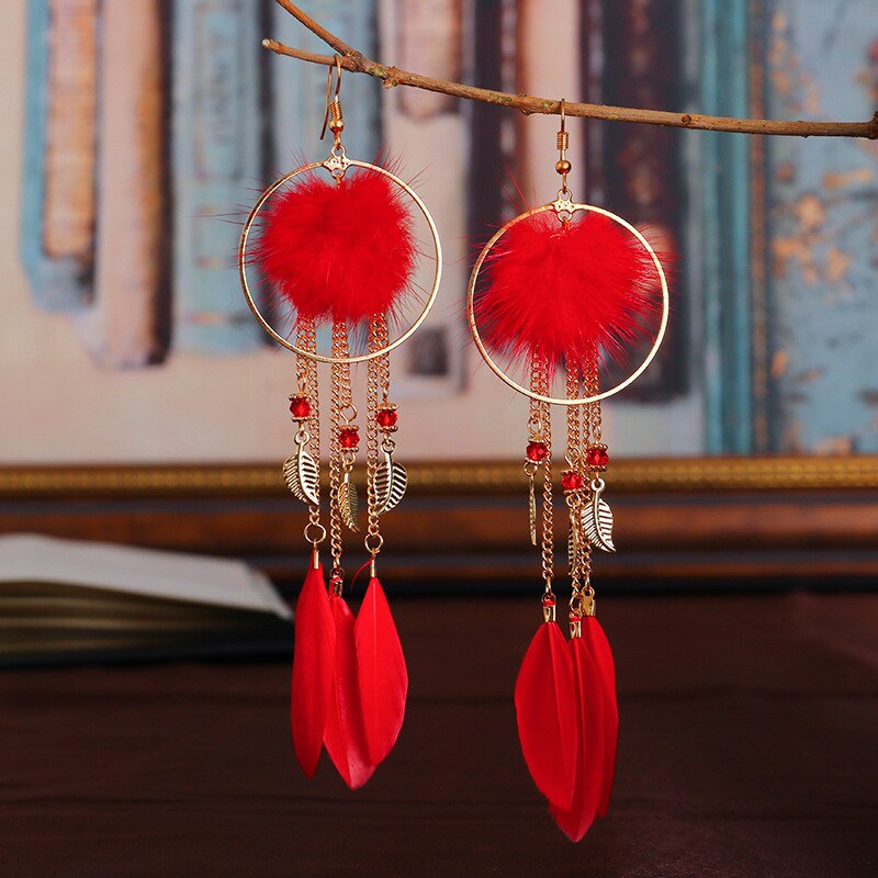 Pendientes largos de pluma roja para mujer, aretes colgantes de , estilo bohemio Vintage, hoja dorada, piedra, joyería India: Red