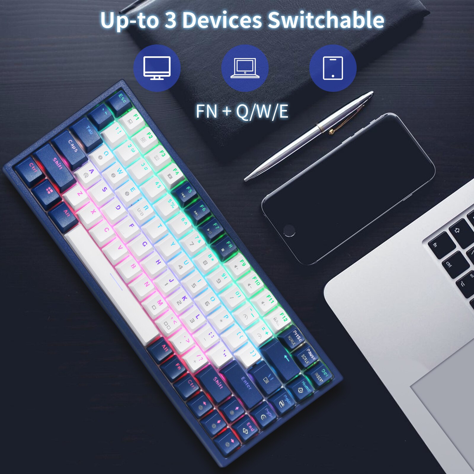 HUO JI CQ84 84 Key Mechanical Keyboard USB Wired RGB Gaming Mechanical Keyboard Support Bluetooth Red Blue Switch For Desktop