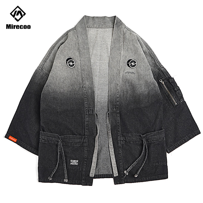 Mirecoo Men Denim kimono Jacket Gradient Open Stitch Jacket Men Windbreaker High Street Hip Hop Men Coat Clothing Autumn