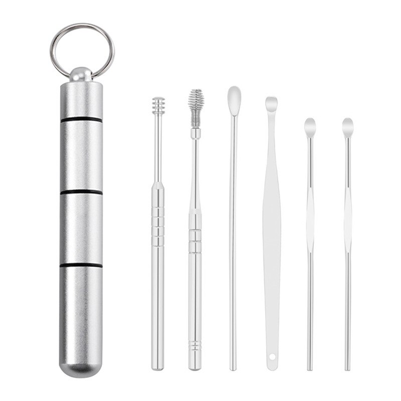 6 Stks/set Ear Wax Pickers Rvs Spiraal Earpick Wax Remover Curette Oor Pick Cleaner Oor Lepel Zorg Oor Schoonmaken gereedschap: Silver