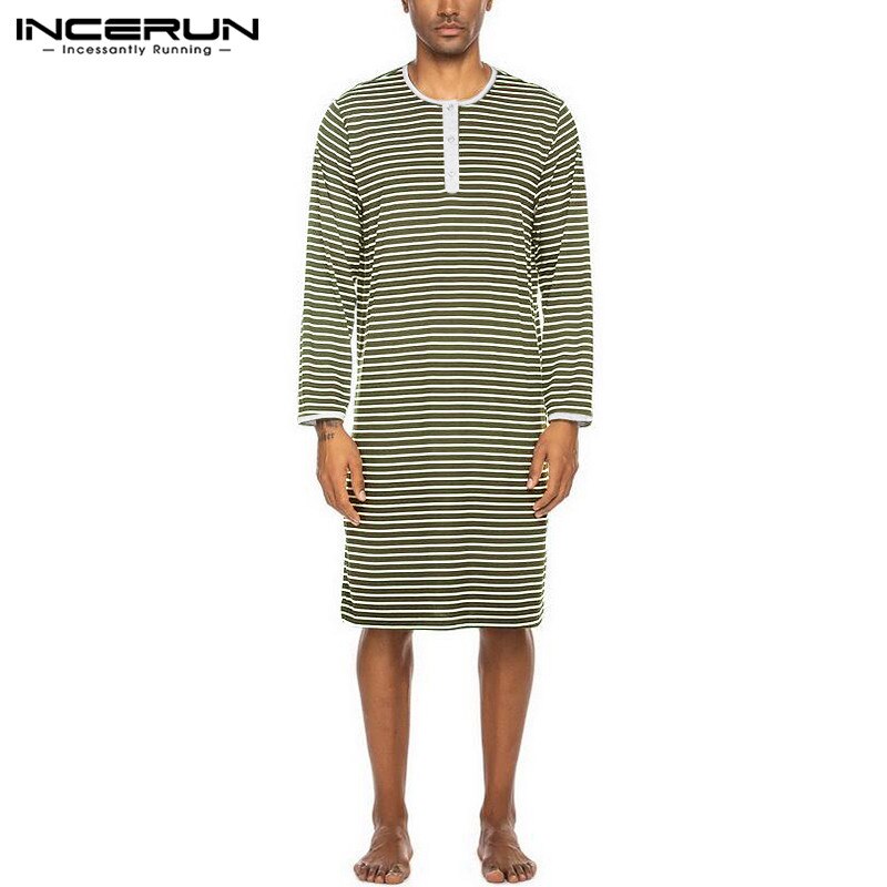 INCERUN Men Homewear Nightclothes Men Striped Sleep Tops Long Sleeve Round Neck Loose Nightgrown Casual Comfortable Sleepwear