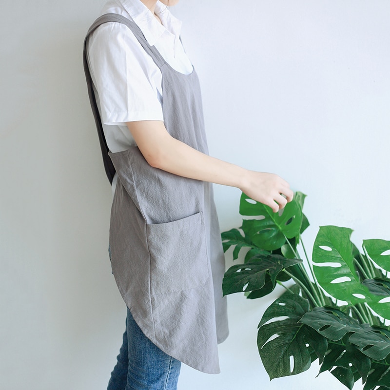 Blomsterhandler arbejdsforklæde vandtæt kvinder bomuld hør krydsforklæde japansk husarbejde køkken madlavning dobbelt lomme forklæde
