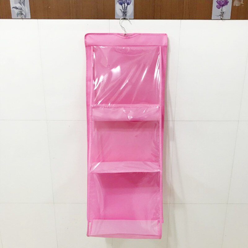 Double Side Transparent 6 Pocket Foldable Hanging Bag Clothes Storage Organizer Wardrobe Closet Finishing Storage Hanger: style 1 pink