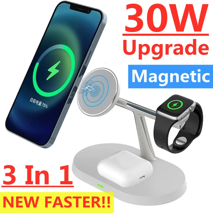 Suporte de carregador magnético sem fio, estação de carregamento rápido para iPhone 15, 14, 13, 12 Pro Max, Apple Watch 8, 7, Airpods Pro, 3 em 1, 30W