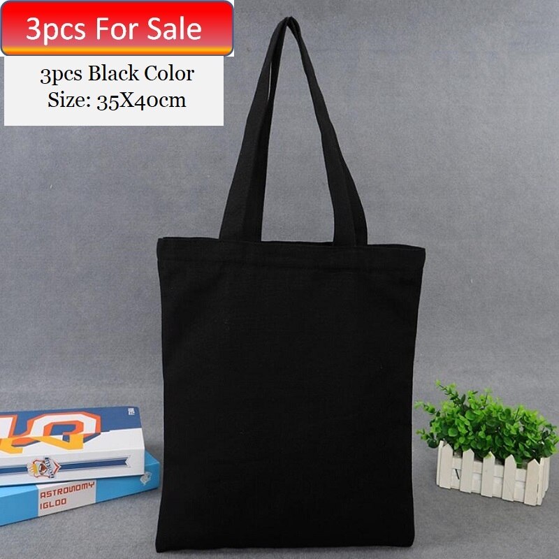 Herbruikbare Boodschappentas Grote Vouwen Tote Unisex Blank Diy Originele Eco Canvas Tote Bag Zwart 3 Stuks Voor 35x40cm