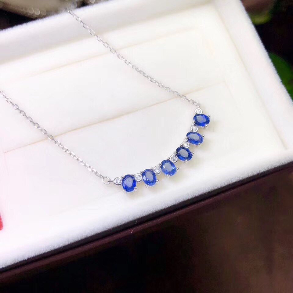 925 Sterling Zilveren Hanger Ketting - Natuurlijke Saffier - Ovaal Solitair - Klassieke Stijl