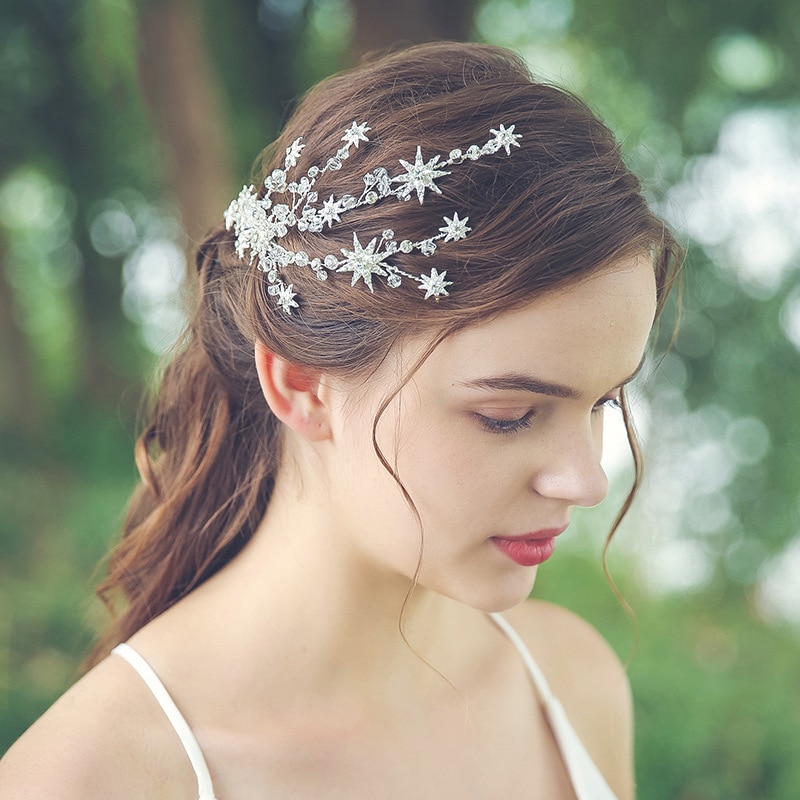 Pente de cabelo para madrinha, acessório feminino simples de cor prata com estrela, pente para casamento artesanal