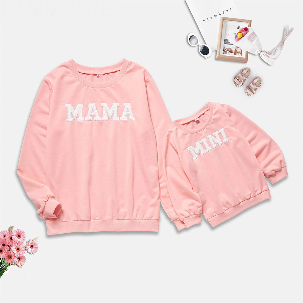 Mini mama list s potlačou rodinné mikiny outfity oblečenie ružová mikina s dlhým rukávom pre matku a dcéru jeseň zima: Matka m