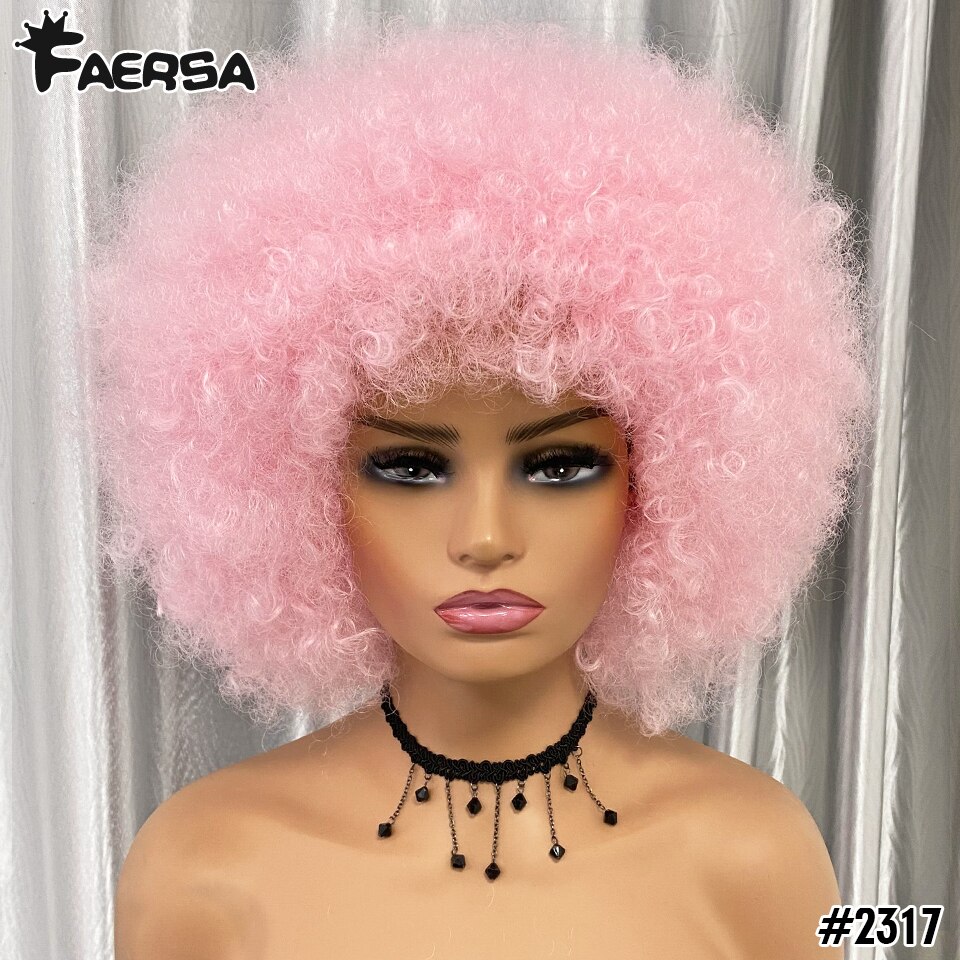 Kort haar Afro Kinky Krullende Pruiken Met Pony Voor Zwarte Vrouwen Afrikaanse Synthetische Ombre Cosplay Natuurlijke Blonde Rood Blauwe Pruik: Roze